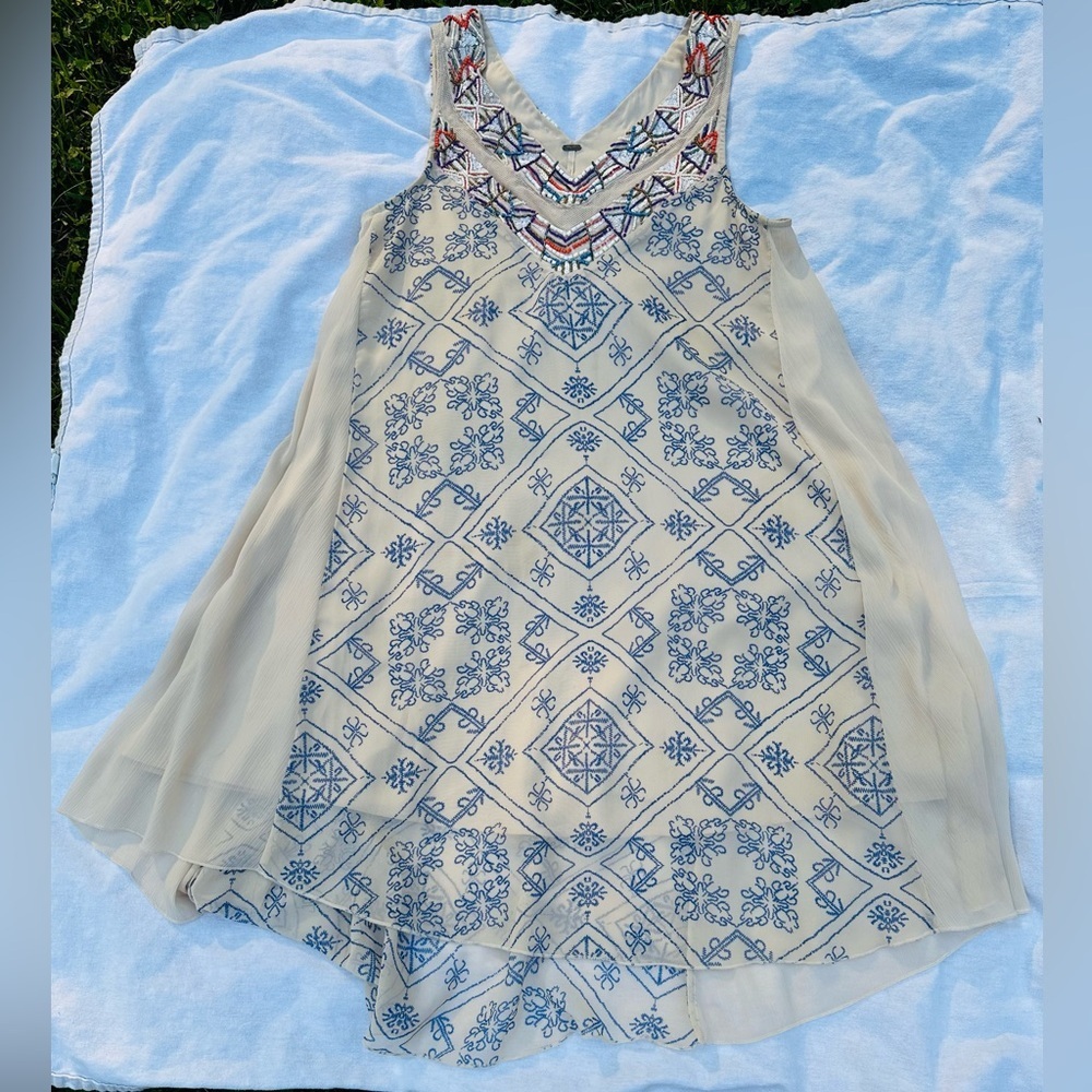 Free People Cream and Blue Asymmetrical Sundress